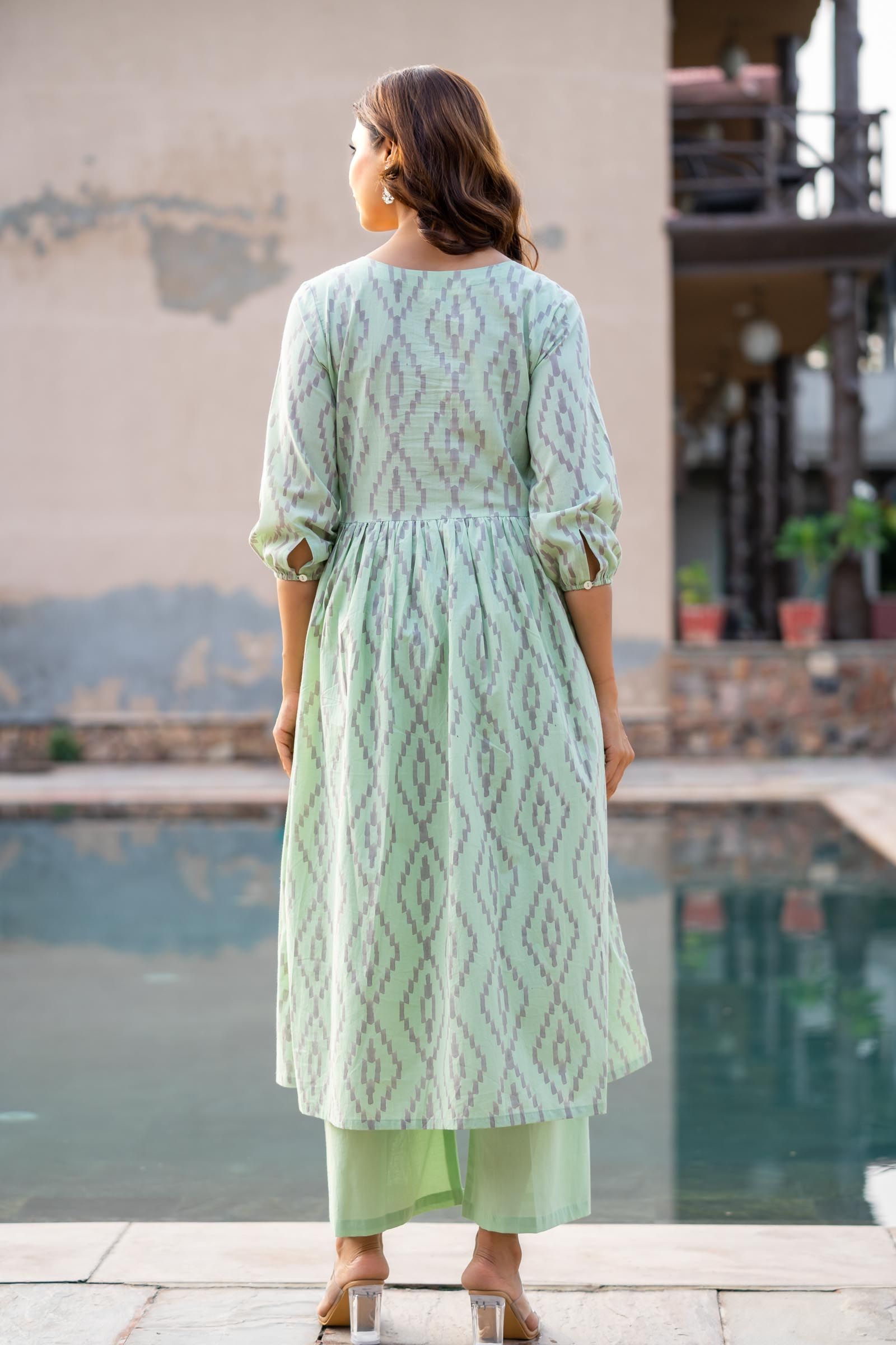 Green Printed Kantha Kurta