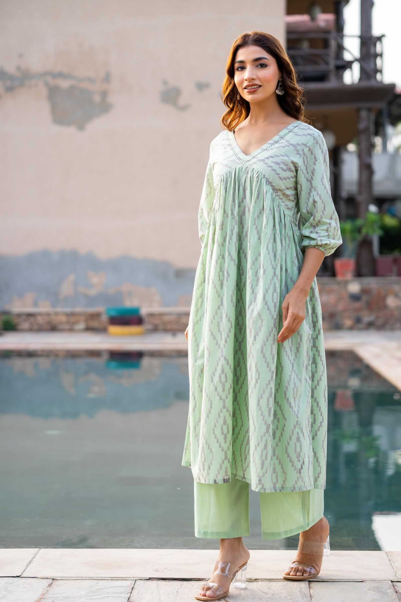 Green Printed Kantha Kurta