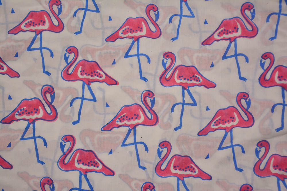 Pink Flamingo Hand Block Printed Cotton Fabric