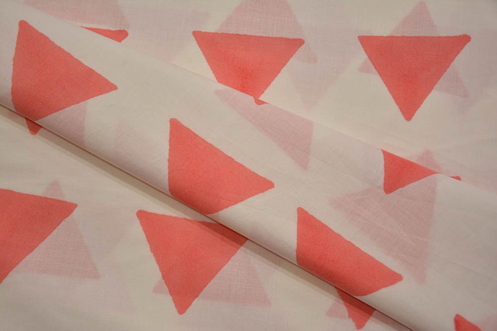 White Peach Triangle Block Printed Cotton Fabric