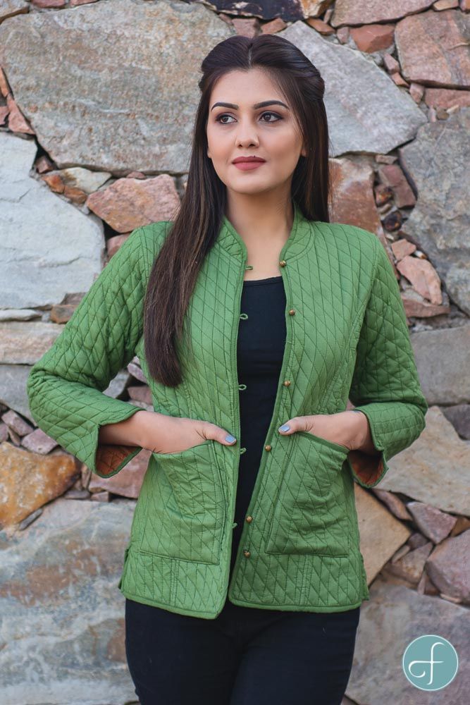 Green Brown Bundi Cotton Quilted Jacket