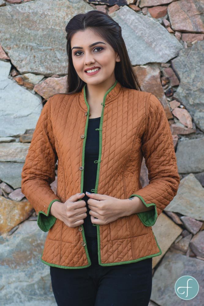 Green Brown Bundi Cotton Quilted Jacket