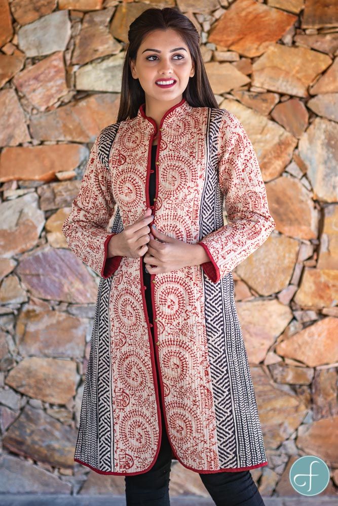 Red Warli Bagru Block Printed Reversible Cotton Quilted Coat