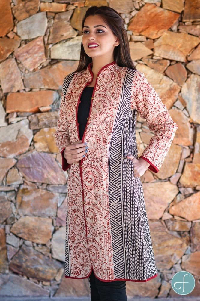 Red Warli Bagru Block Printed Reversible Cotton Quilted Coat