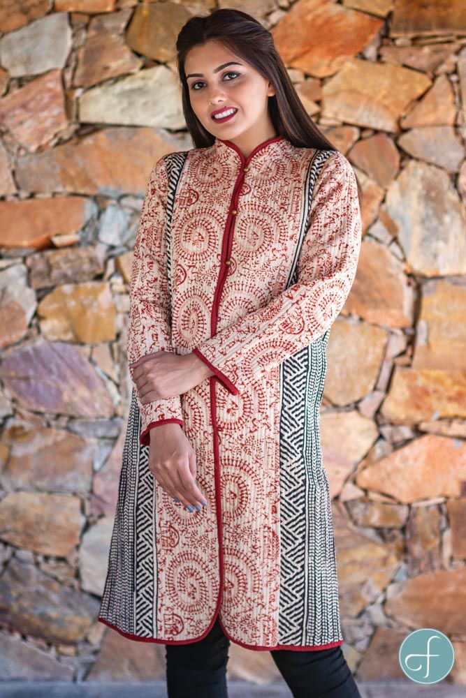 Red Warli Bagru Block Printed Reversible Cotton Quilted Coat