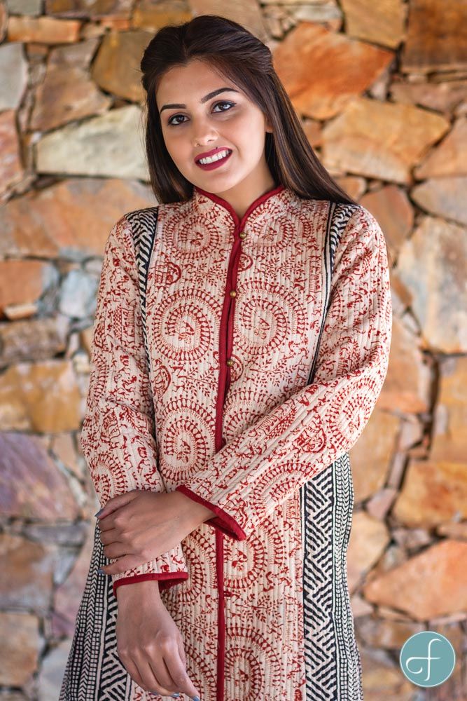 Red Warli Bagru Block Printed Reversible Cotton Quilted Coat