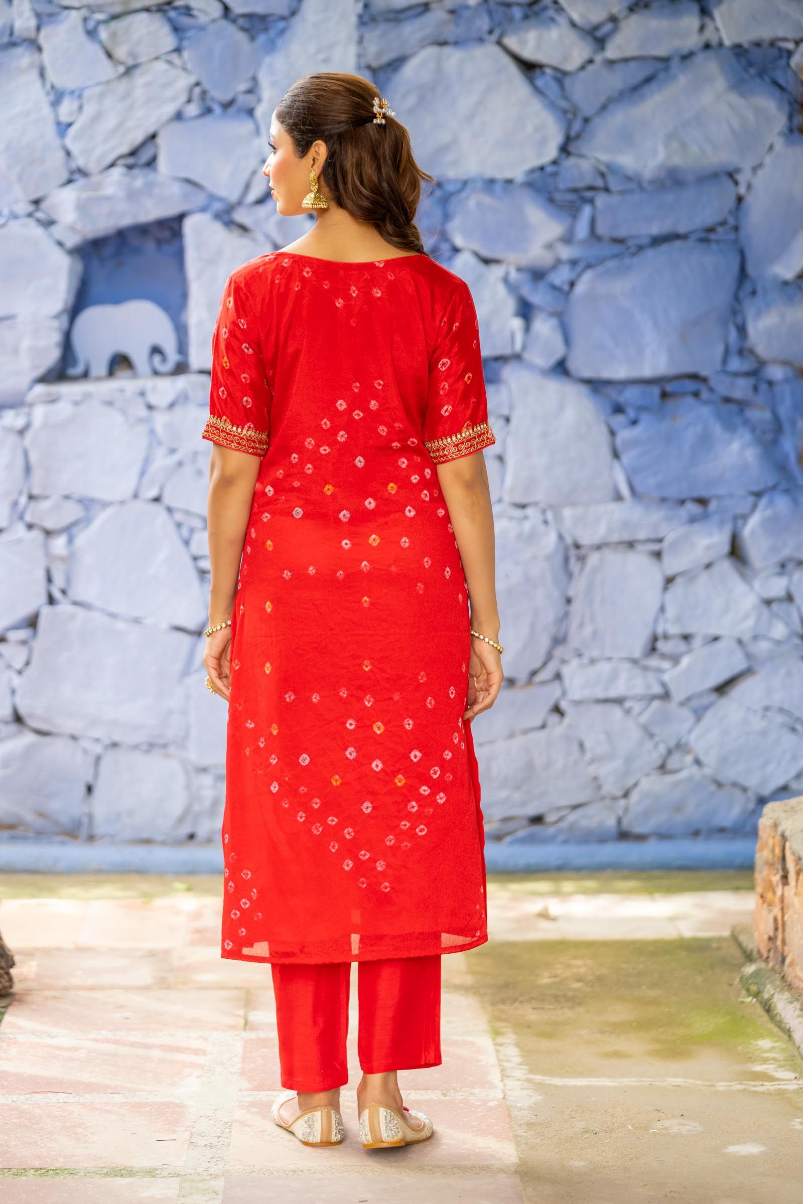 Red Bandhej 3 Piece Kurta Set