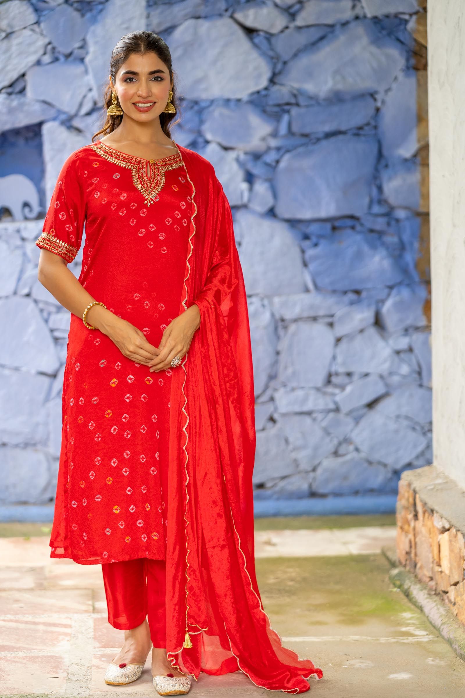 Red Bandhej 3 Piece Kurta Set