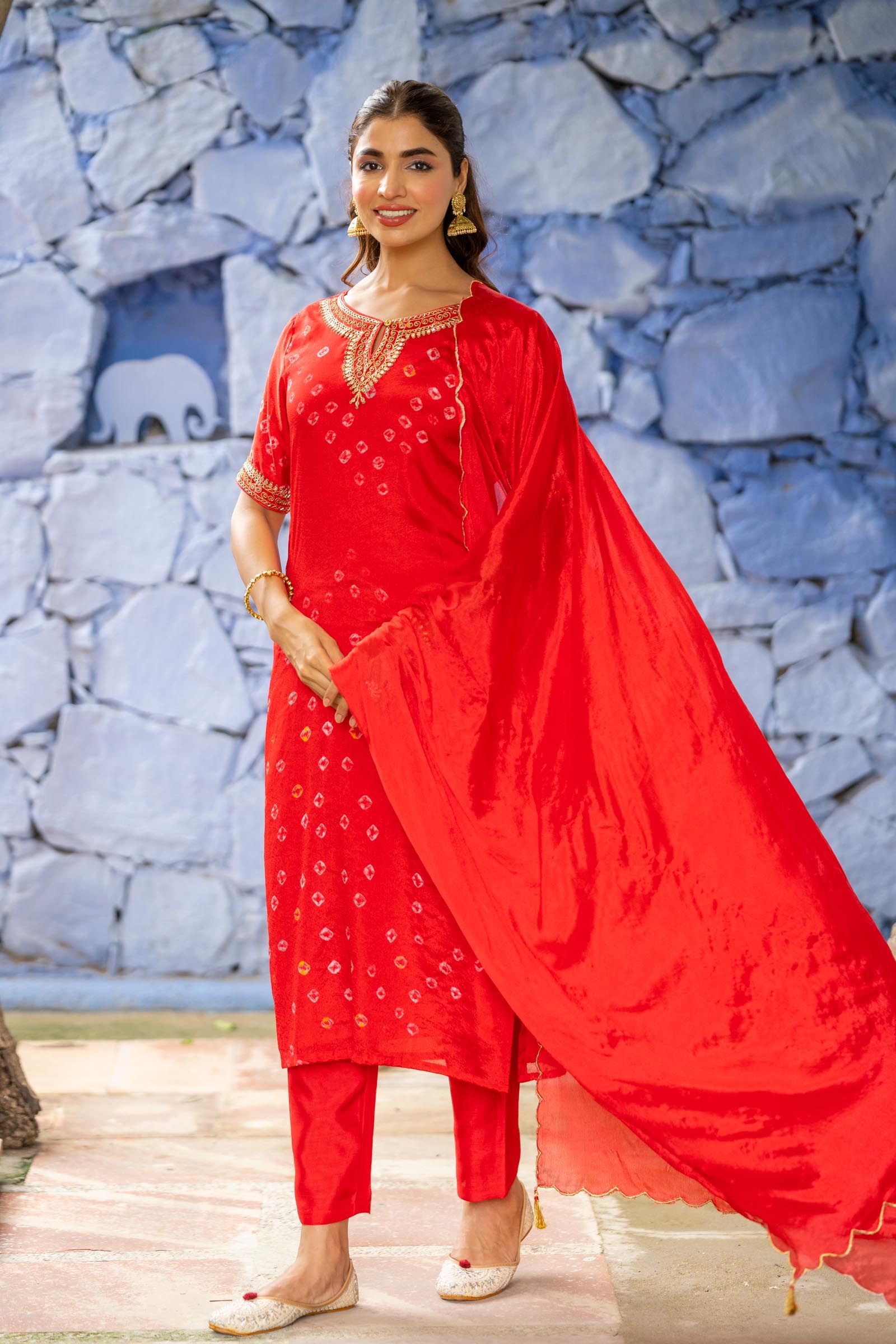 Red Bandhej 3 Piece Kurta Set