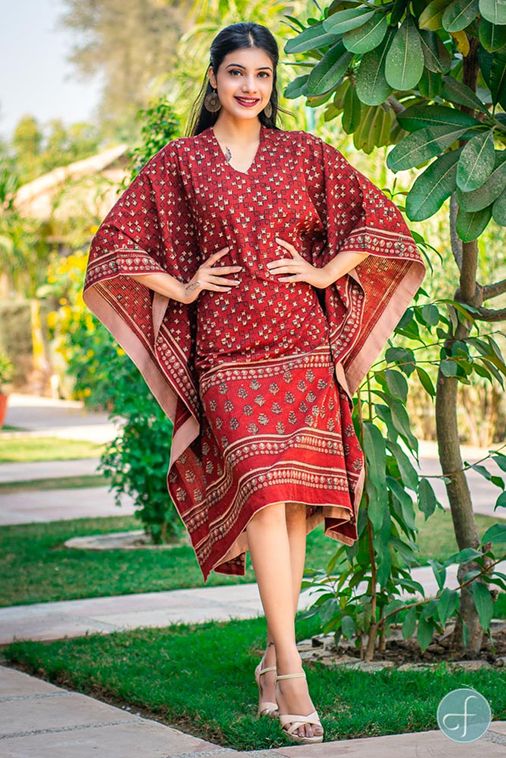 Brick Red Khari Block Print Kaftan 