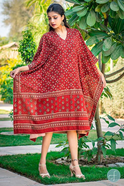 Brick Red Khari Block Print Kaftan 