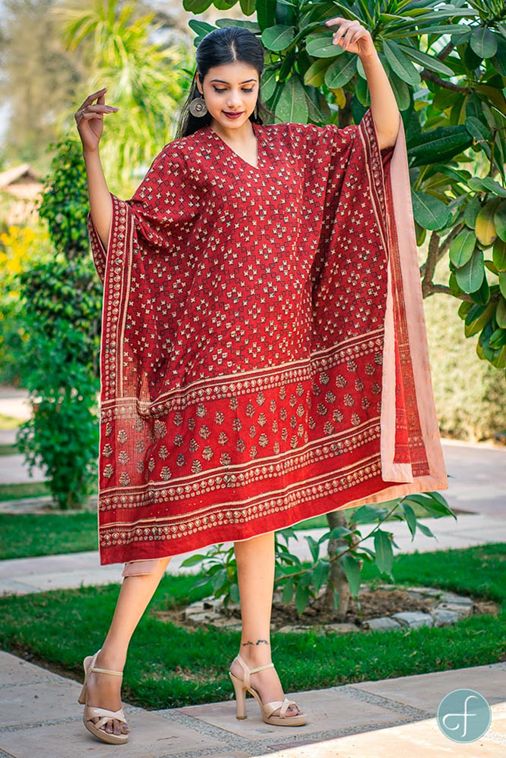 Brick Red Khari Block Print Kaftan 