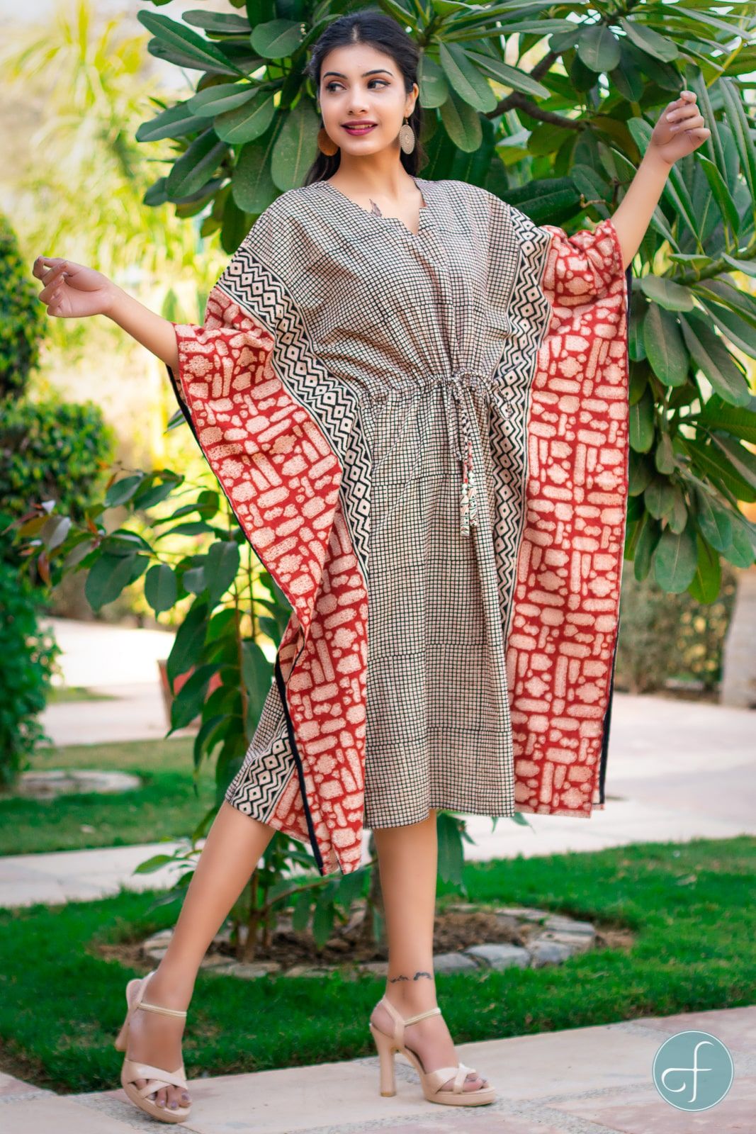 Bagru Red Block Printed Cotton Kaftan Dress