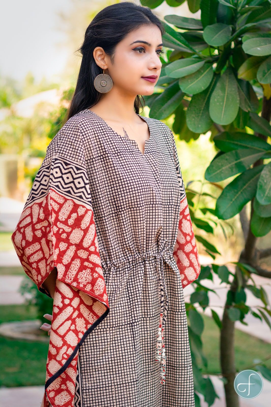 Bagru Red Block Printed Cotton Kaftan Dress