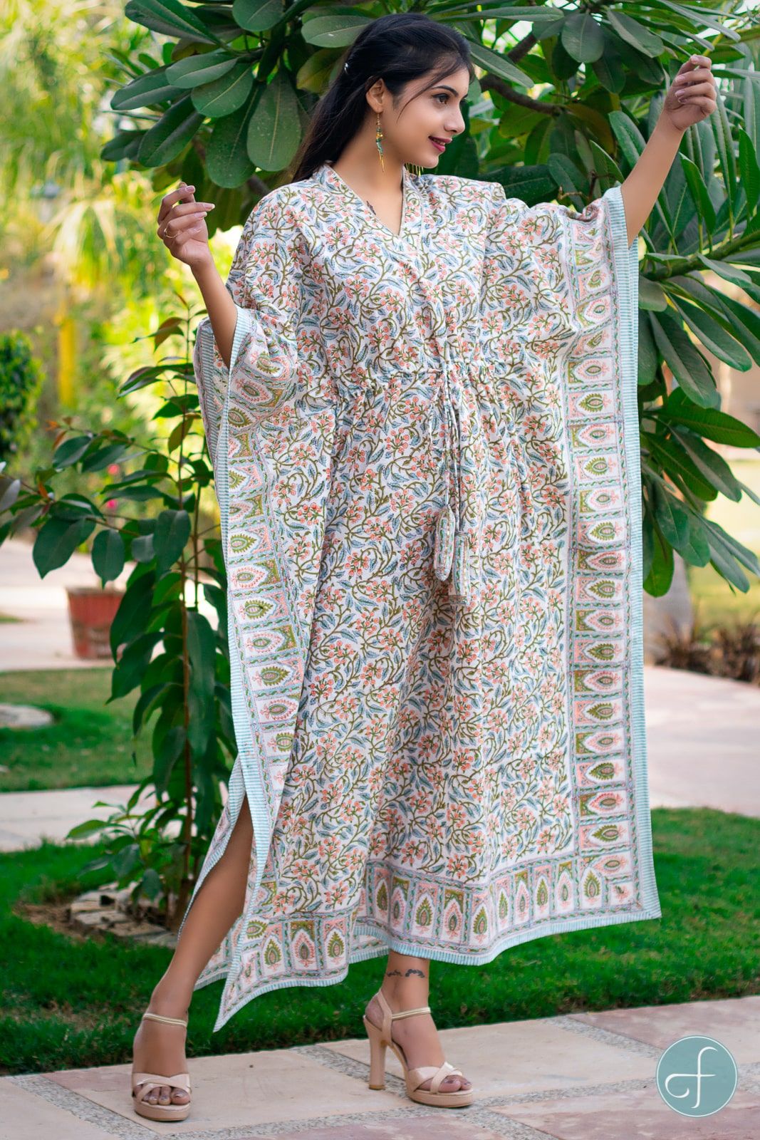 Blue Peach Block Printed Cotton Kaftan Dress