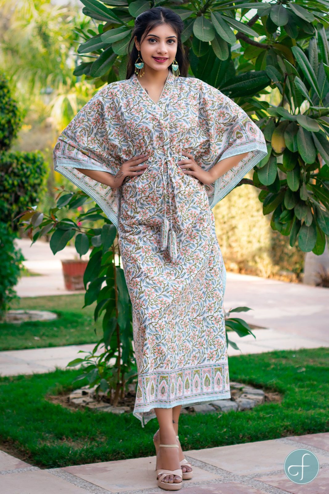 Blue Peach Block Printed Cotton Kaftan Dress