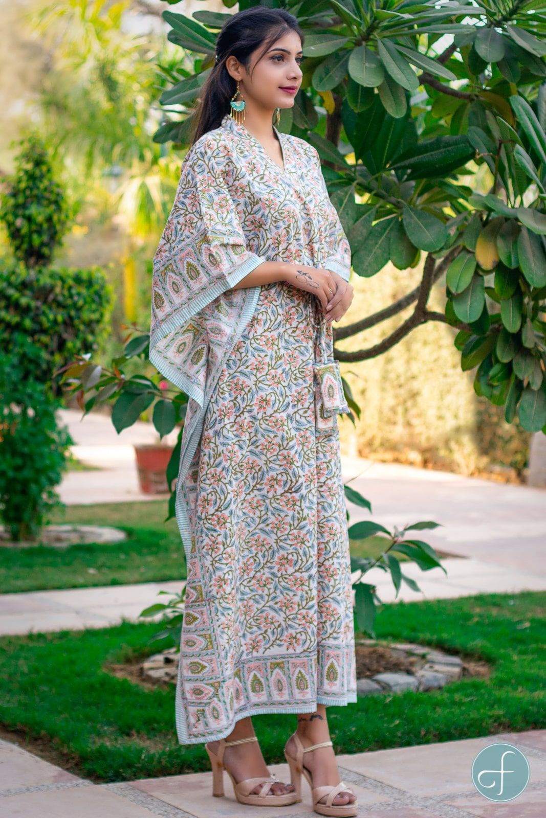 Blue Peach Block Printed Cotton Kaftan Dress