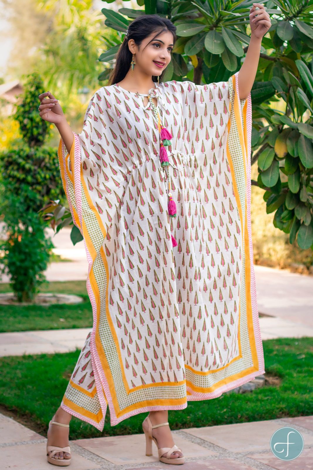 White Block Printed Cotton Kaftan Dress