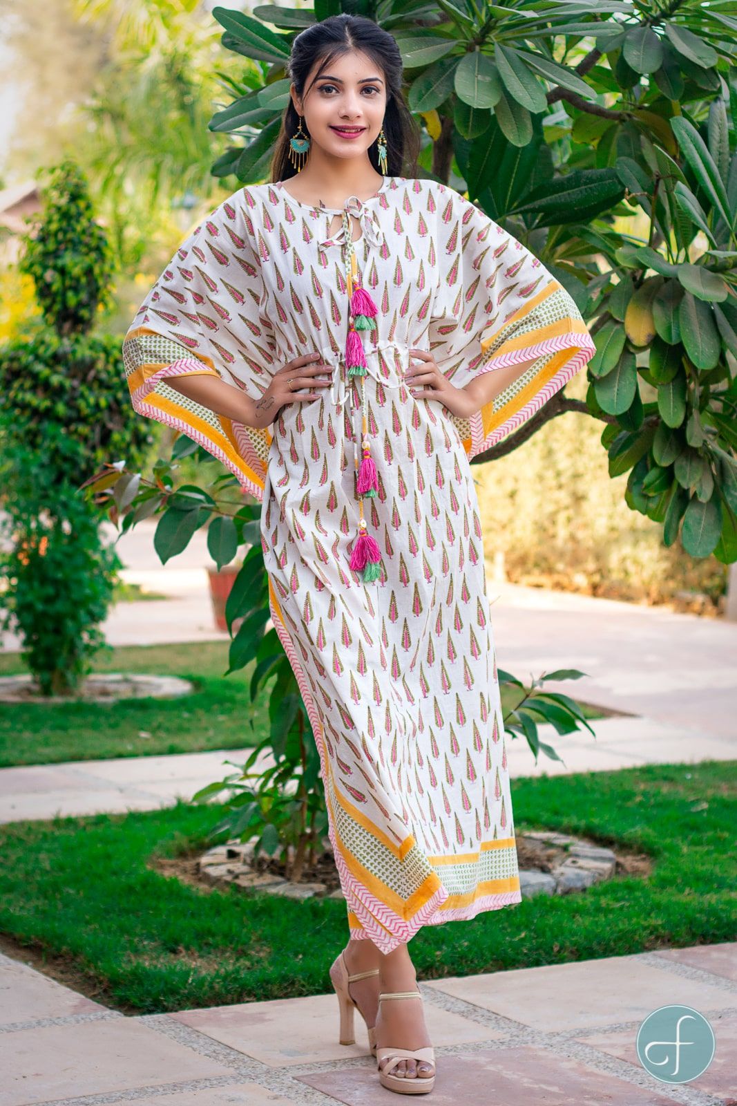 White Block Printed Cotton Kaftan Dress