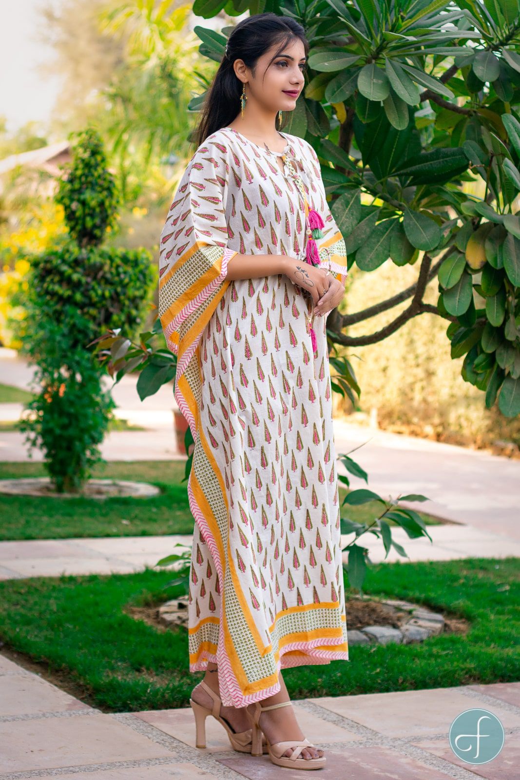 White Block Printed Cotton Kaftan Dress