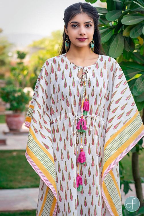 White Block Printed Cotton Kaftan Dress