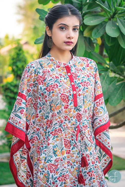 Multicolor Floral Block Printed Cotton Kaftan Dress