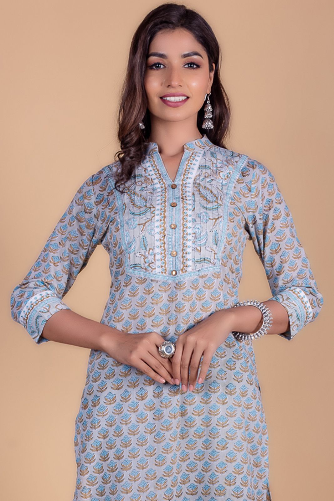 Grey Floral Block Printed Kurta 