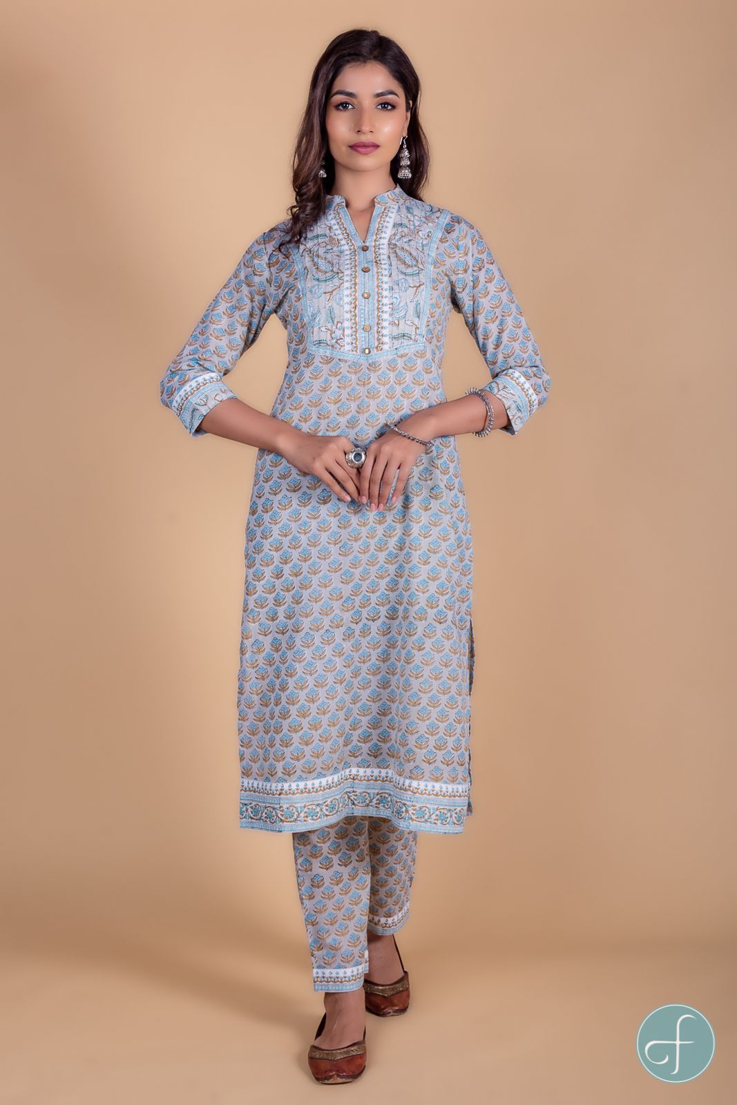 Grey Floral Block Printed Kurta 