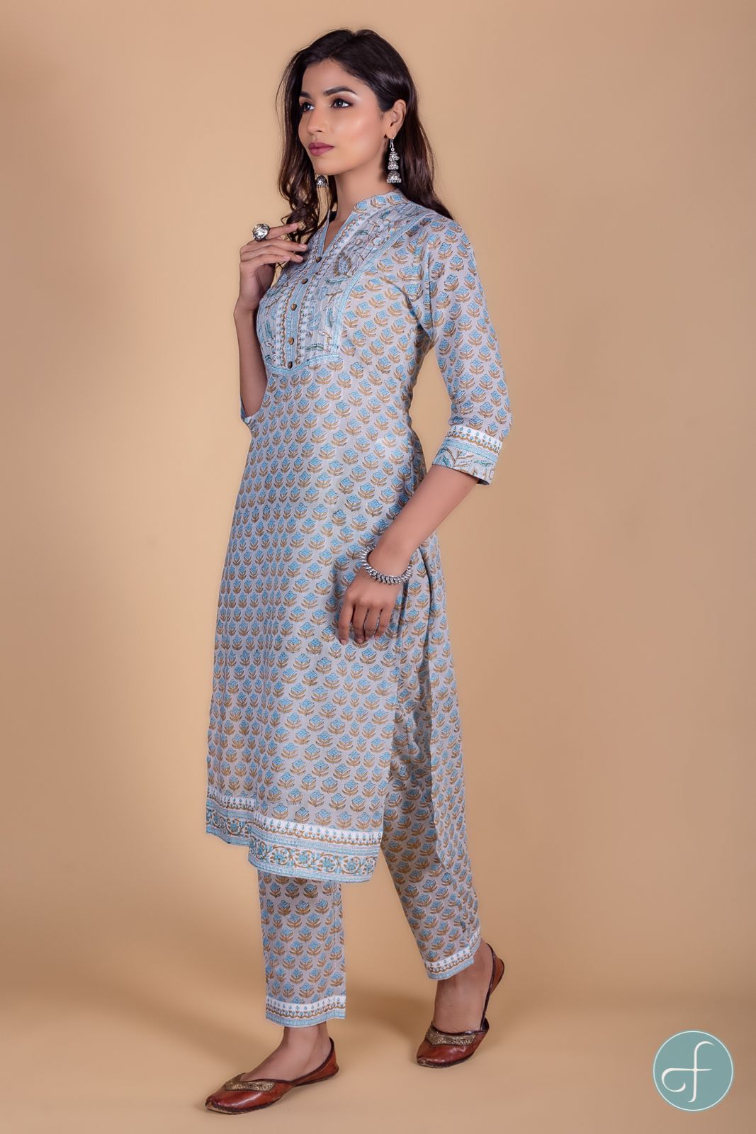 Grey Floral Block Printed Kurta 