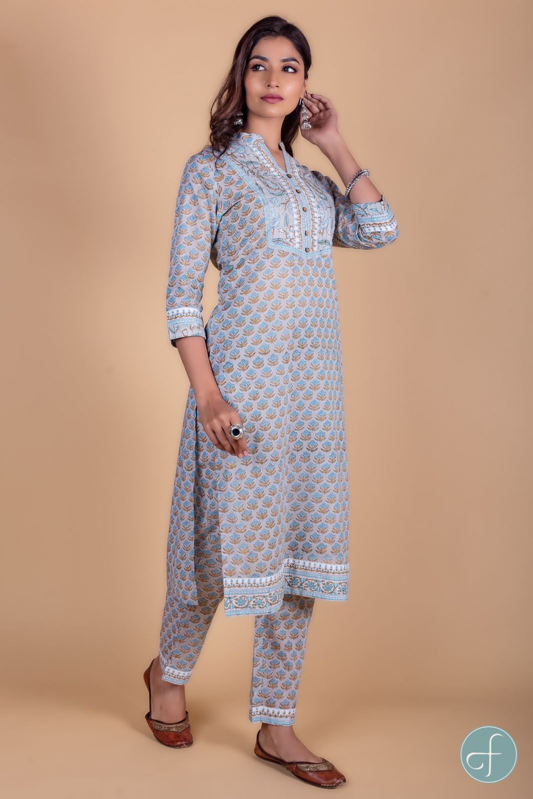 Grey Floral Block Printed Kurta 