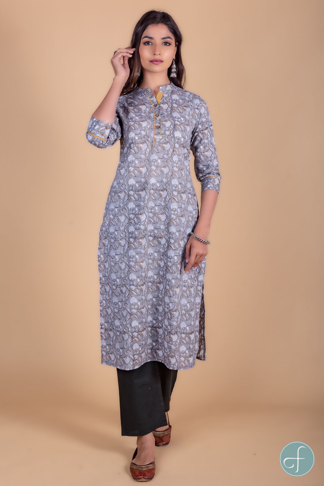 Ash Grey Block Printed Kurta 