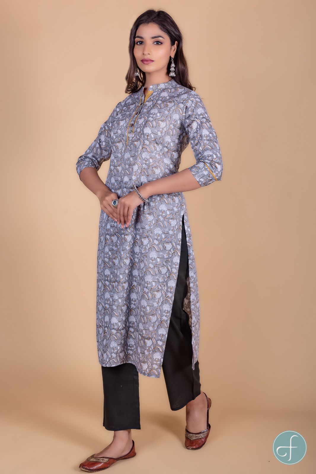 Ash Grey Block Printed Kurta 