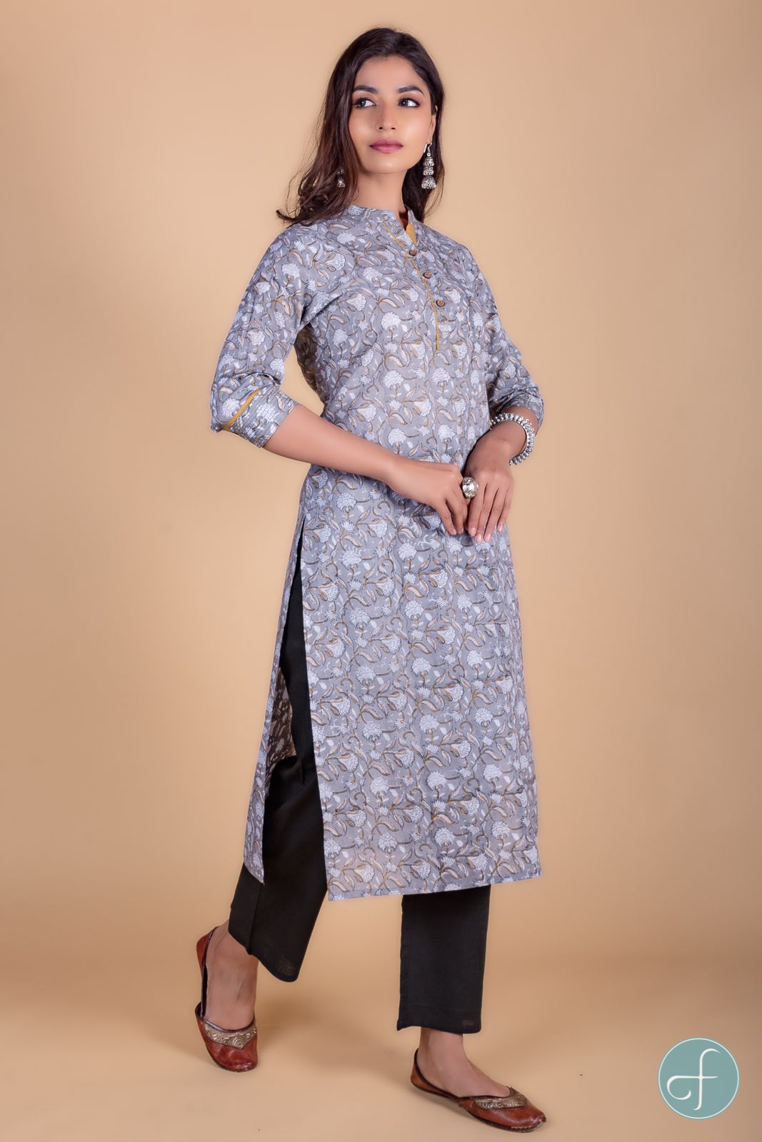 Ash Grey Block Printed Kurta 