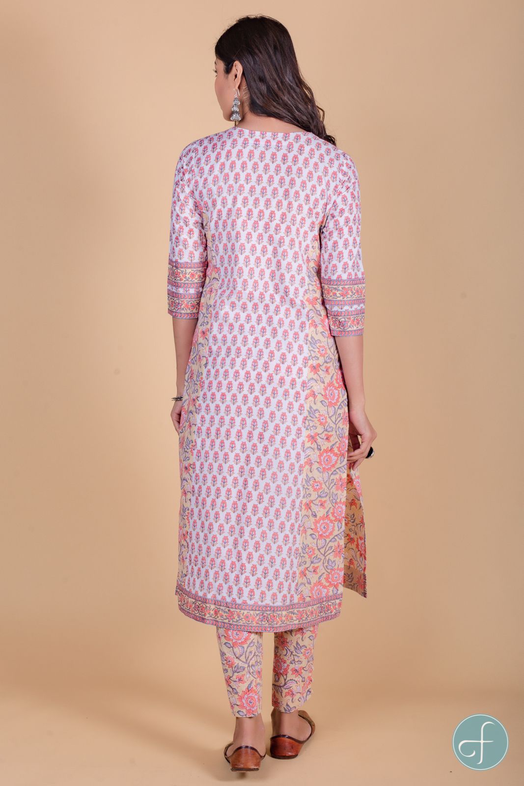 Apricot Peach Block Printed Kurta 