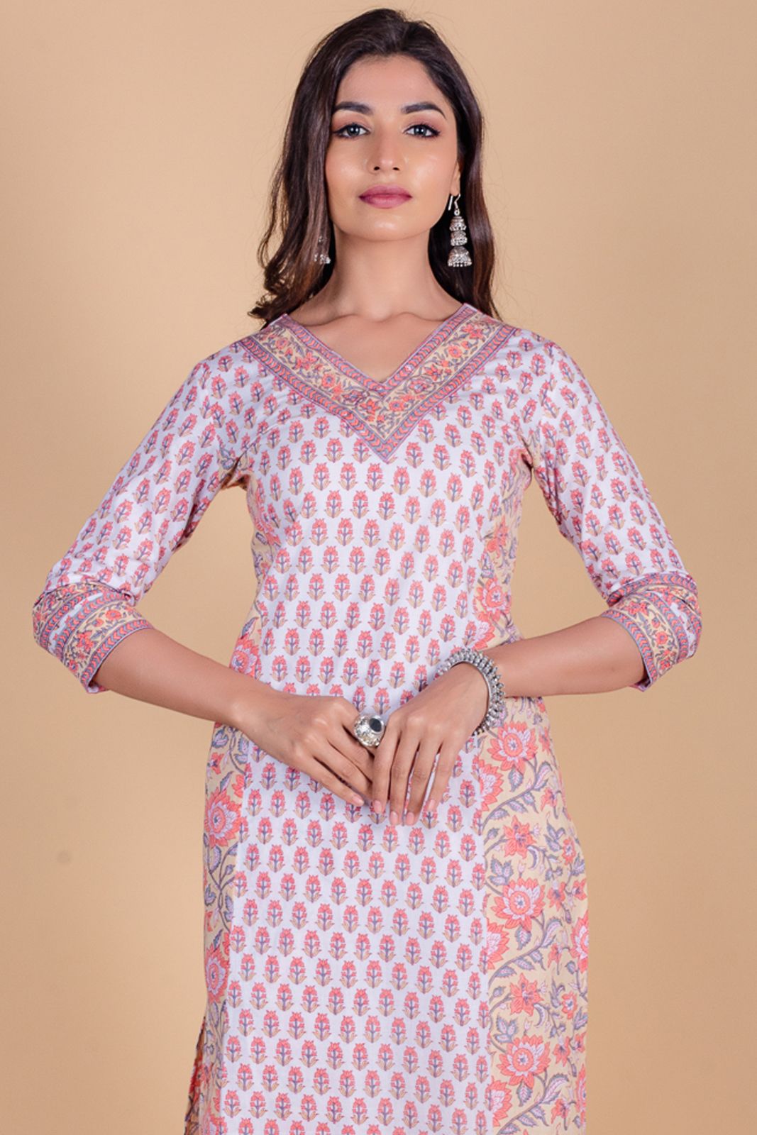 Apricot Peach Block Printed Kurta 