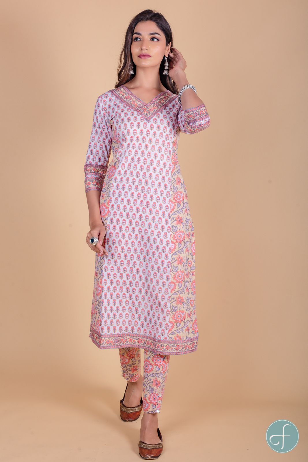 Apricot Peach Block Printed Kurta 