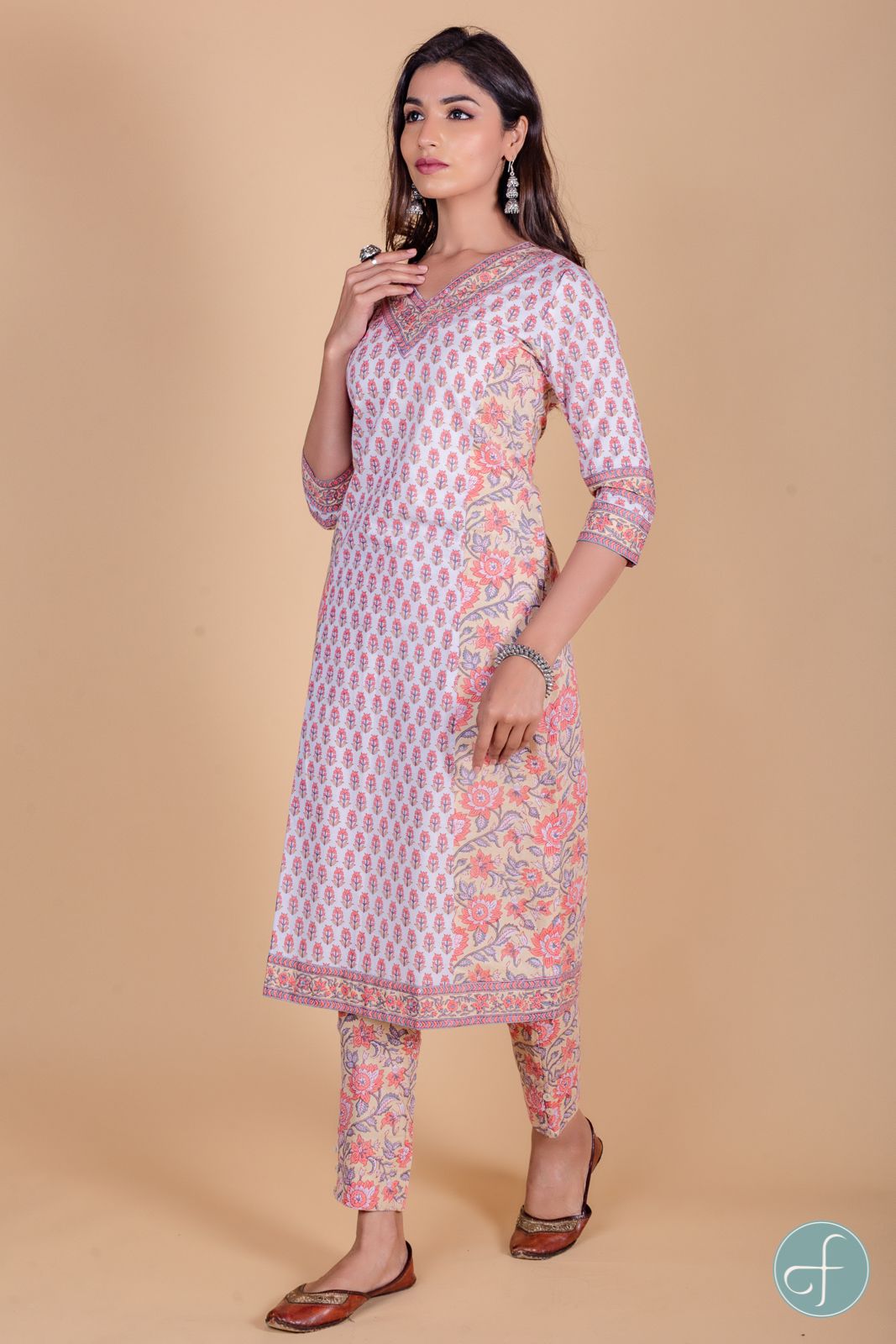 Apricot Peach Block Printed Kurta 