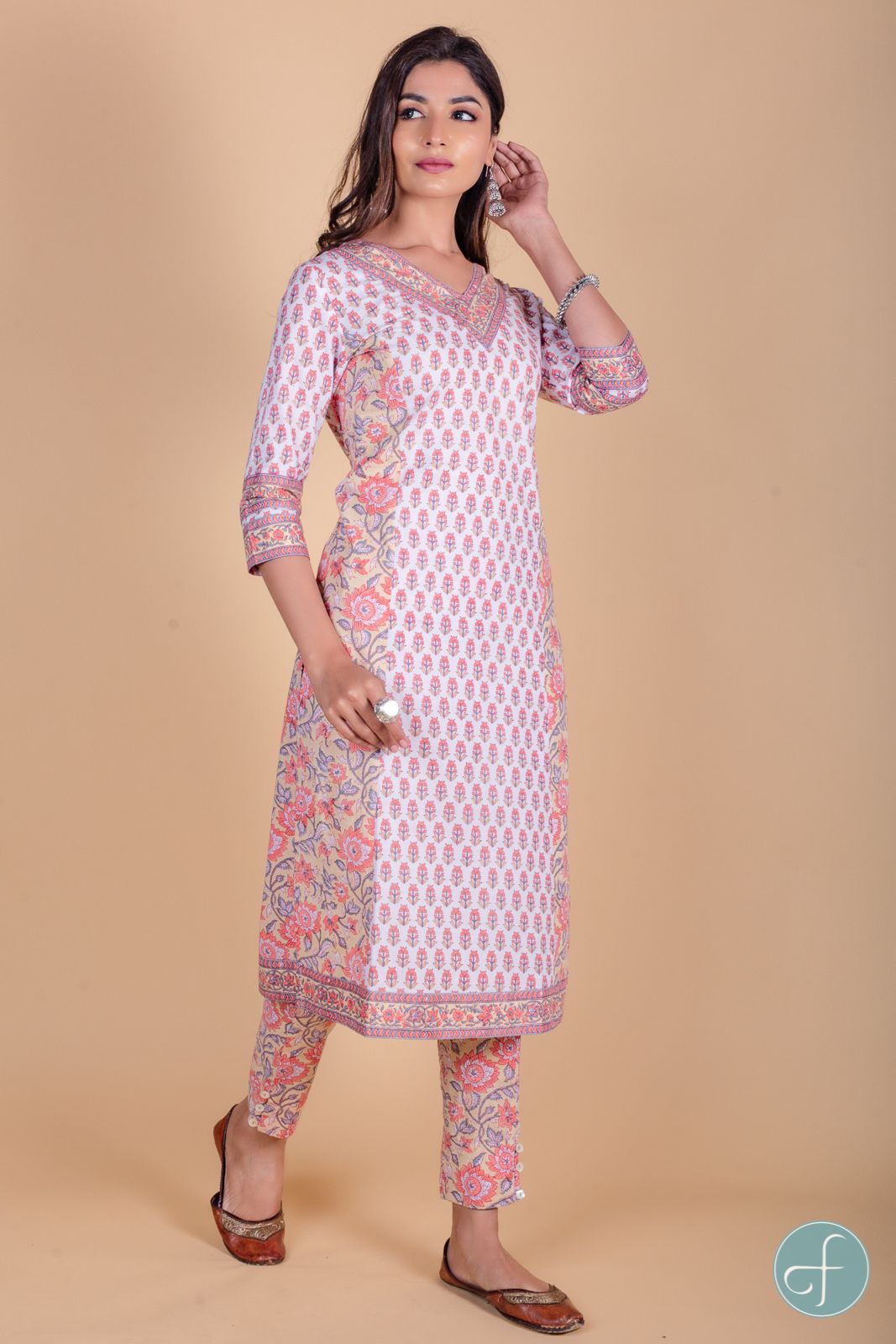 Apricot Peach Block Printed Kurta 