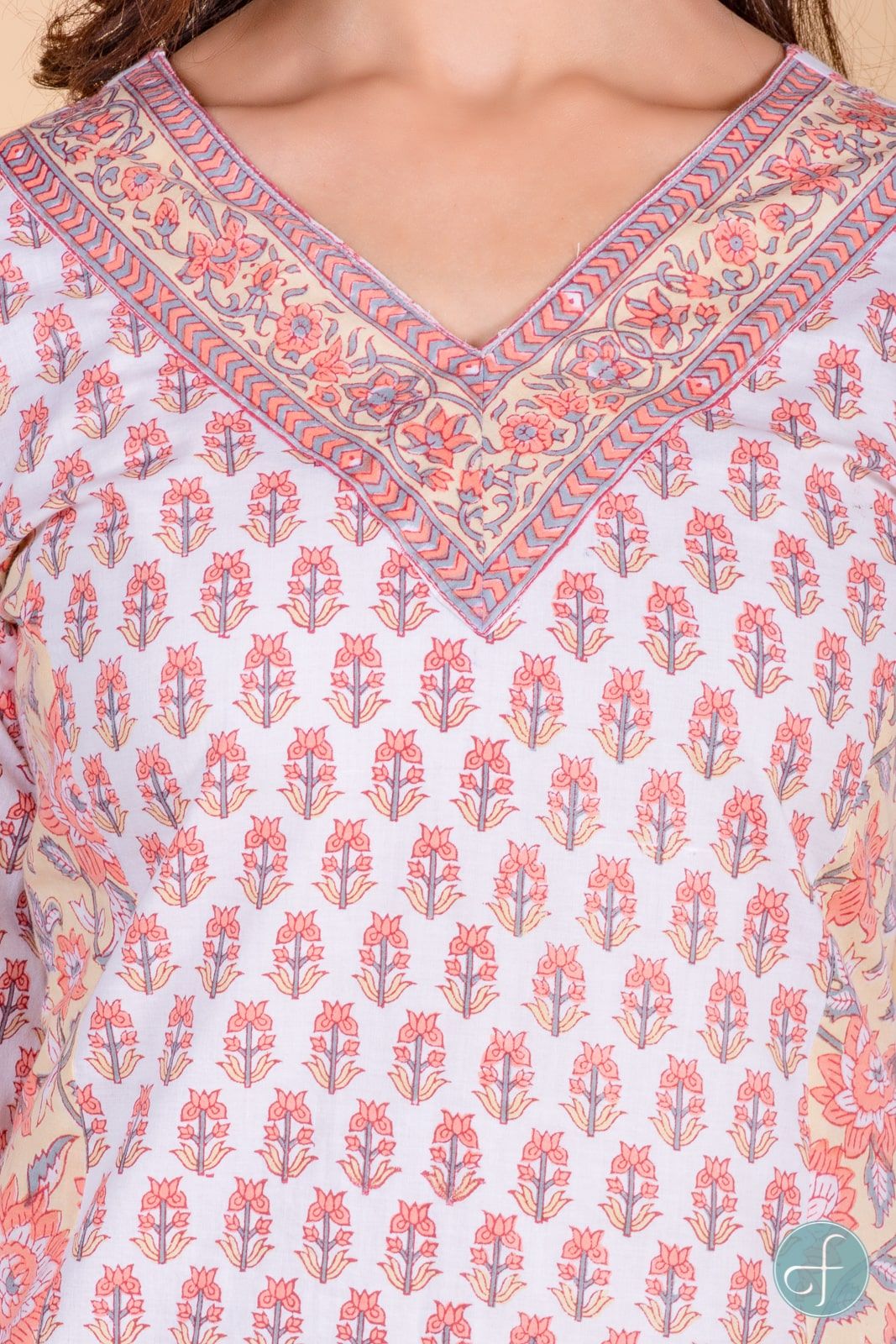 Apricot Peach Block Printed Kurta 