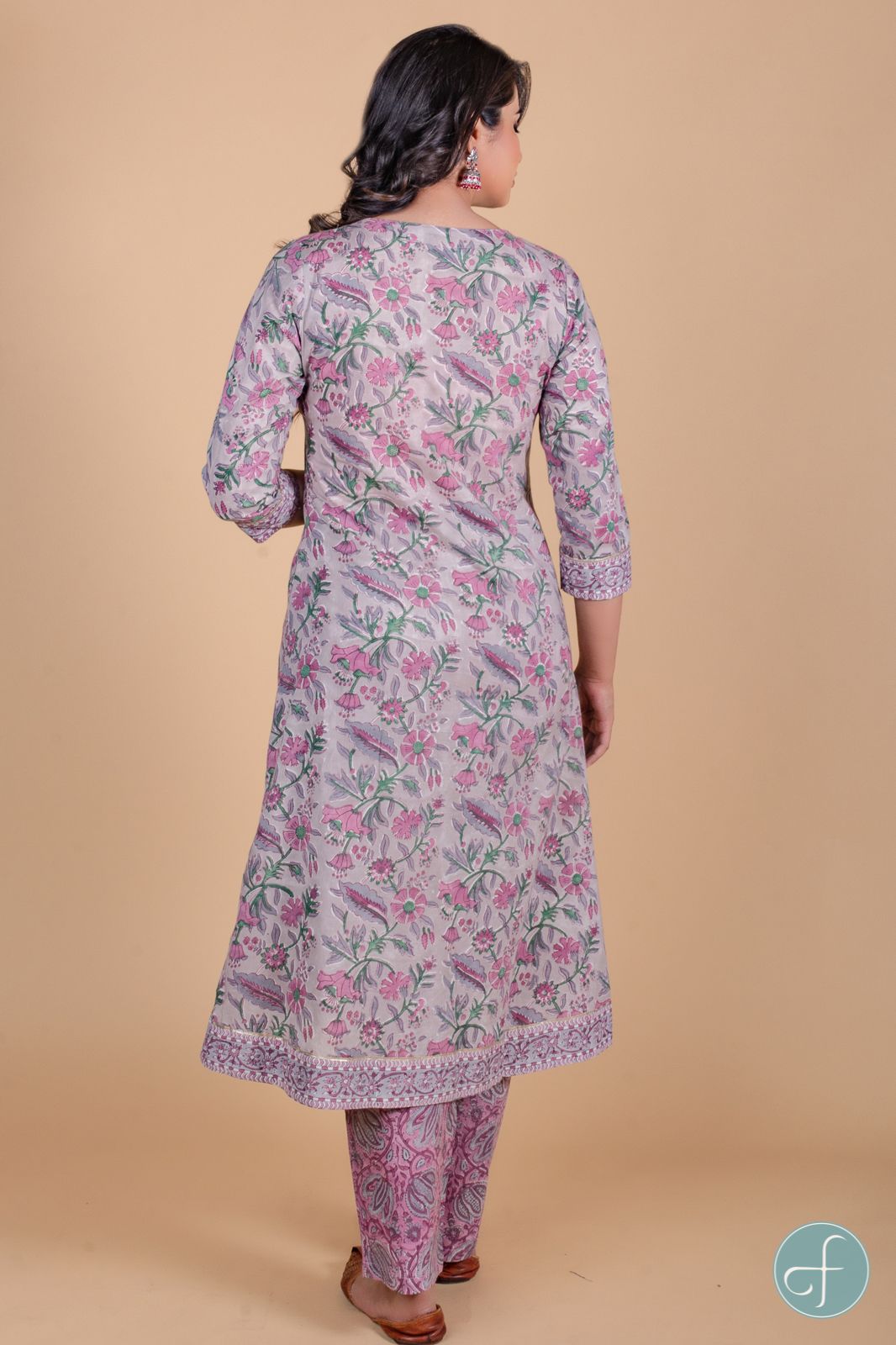 Grey Fog Block Printed A Line Kurta 