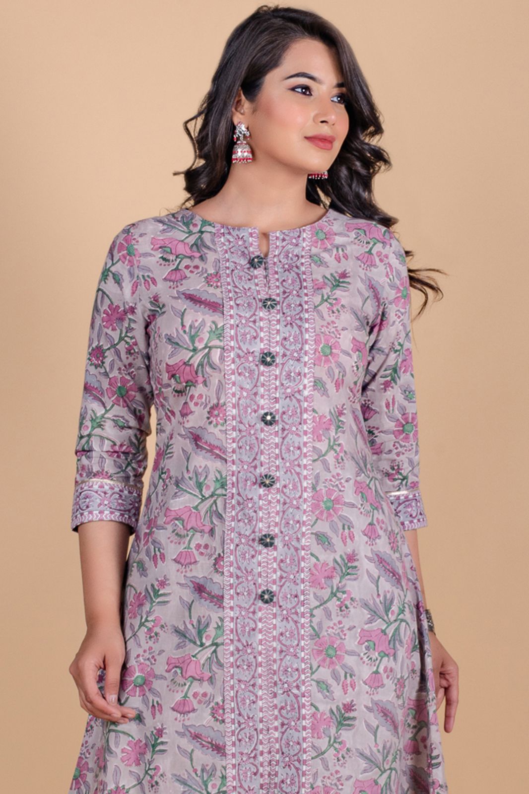 Lavender Fog Block Printed A Line Kurta Set 