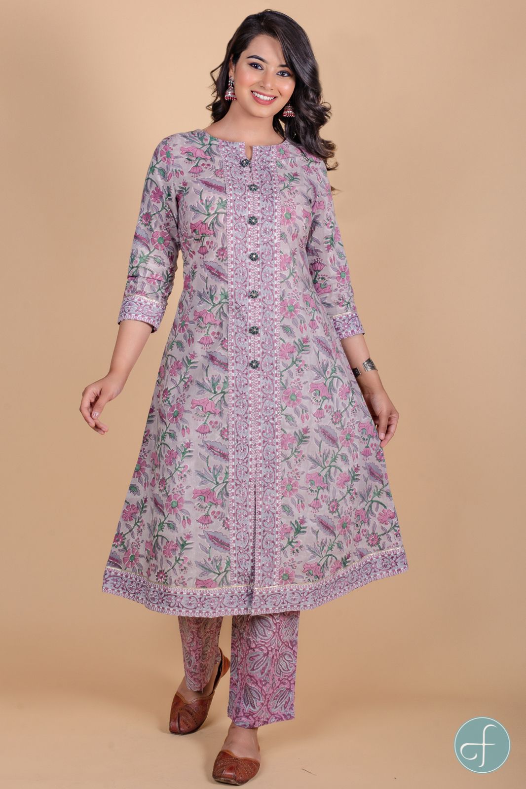 Grey Fog Block Printed A Line Kurta 