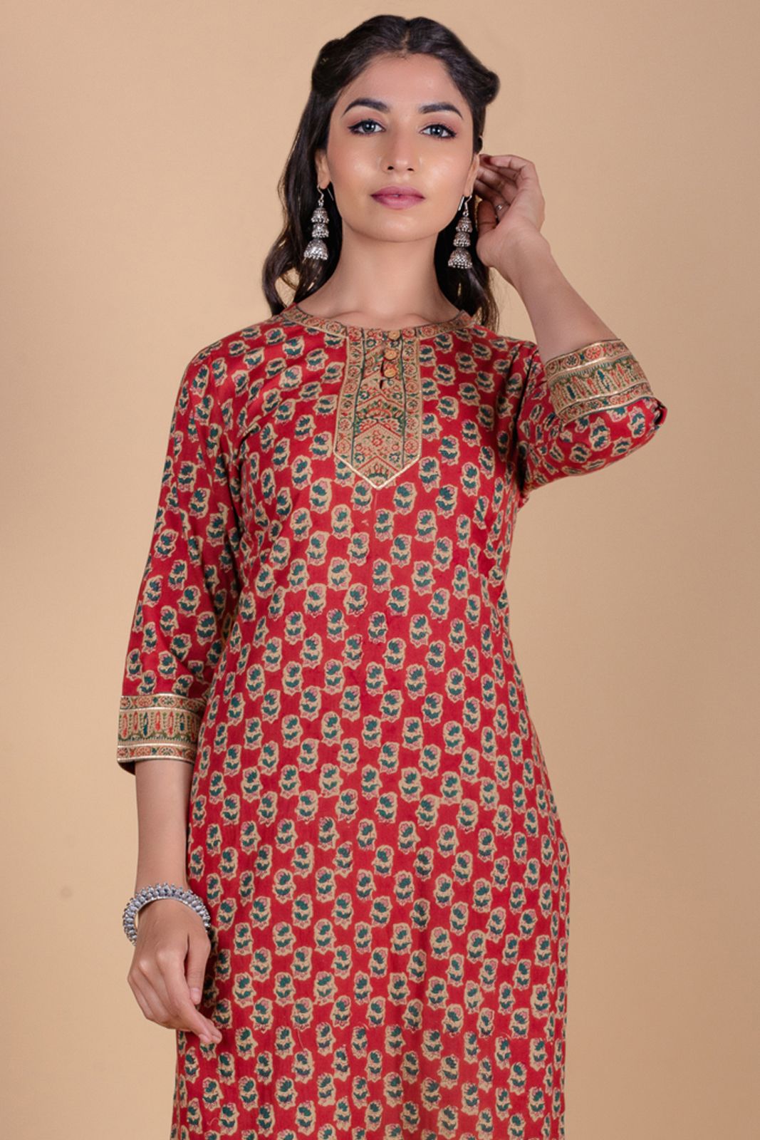 Brick Red Block Printed Kurta 