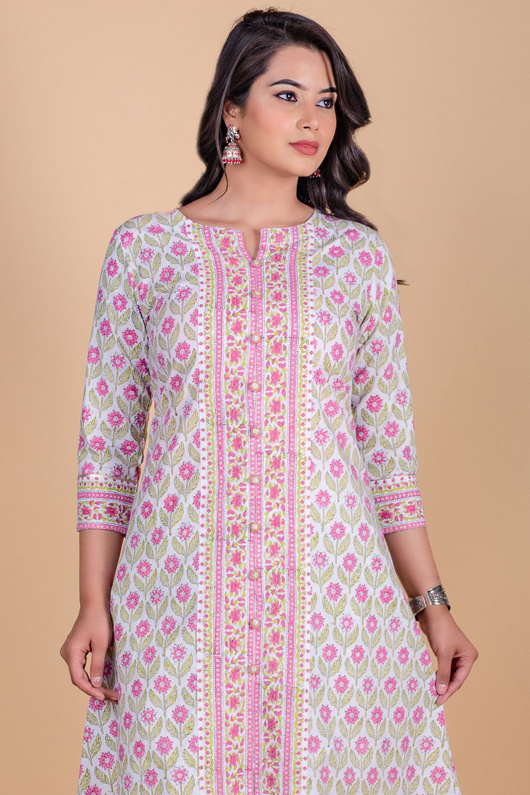 Rose Pink Block Printed A Line Kurta 