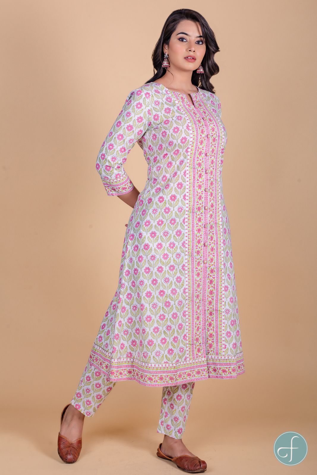 Rose Pink Block Printed A Line Kurta 