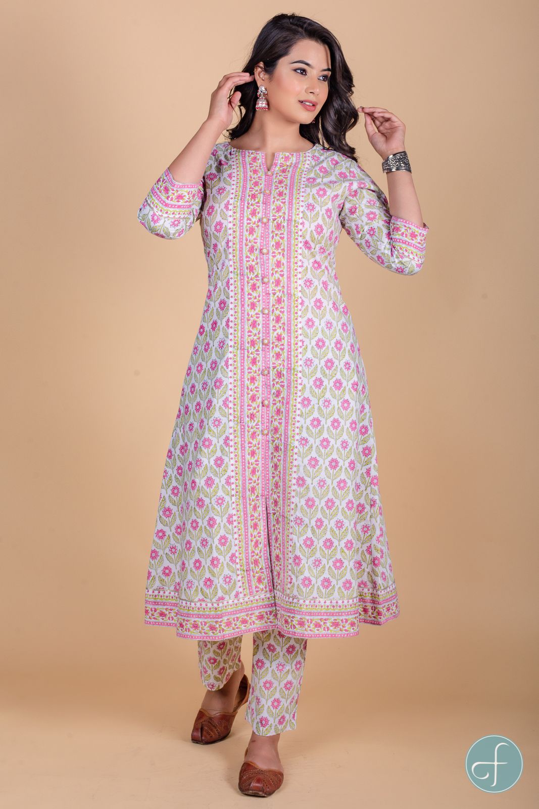 Rose Pink Block Printed A Line Kurta 