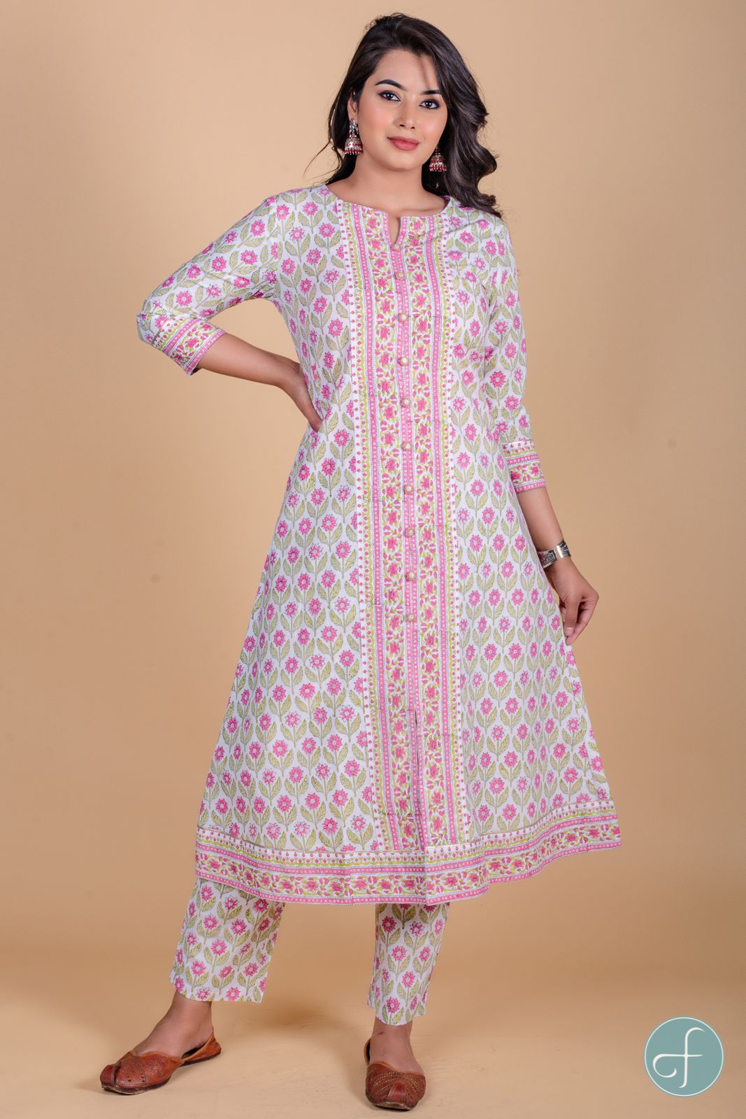 Rose Pink Block Printed A Line Kurta 