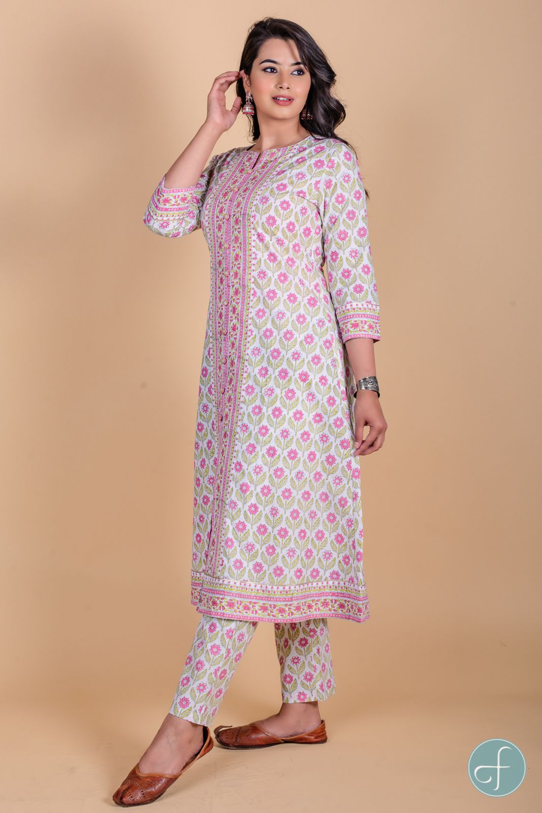 Rose Pink Block Printed A Line Kurta 