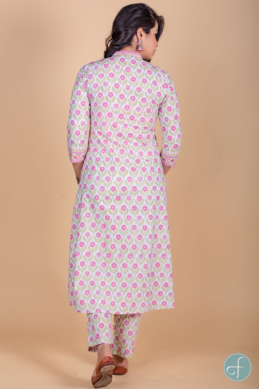 Carnation Pink Block Printed A Line Kurta  