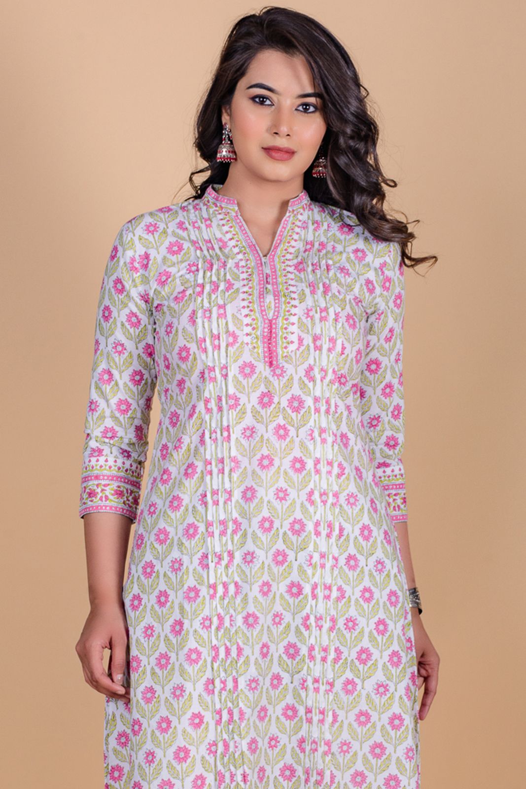 Carnation Pink Block Printed A Line Kurta  